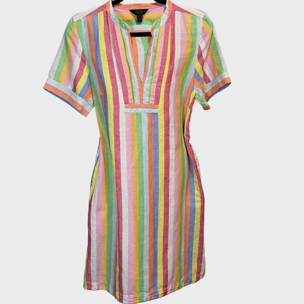 J Crew Womens Multicolor Cotton Linen Striped Rainbow Shirt Dress Medium Coastal